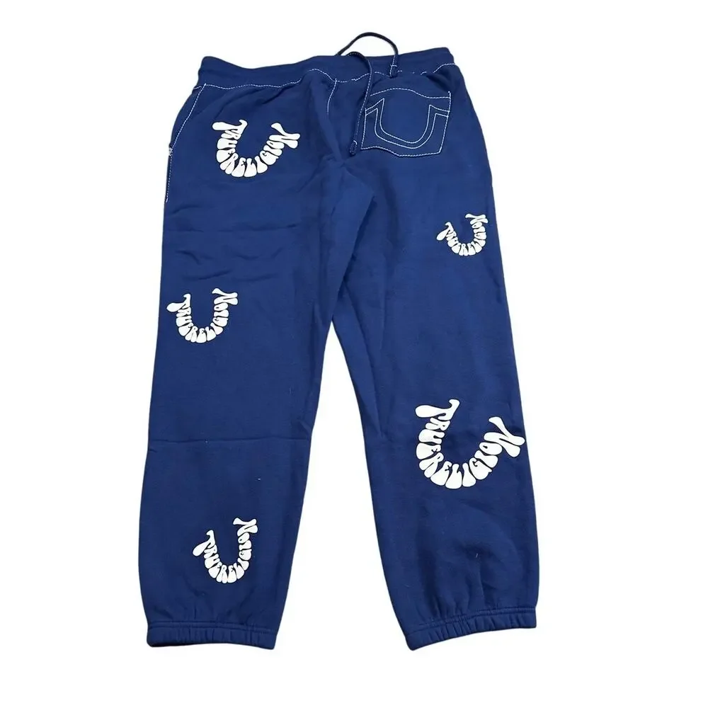 True Religion BIG T WARPED PUFF PRINT LOGO JOGGER Heritage Blue Size XXL New